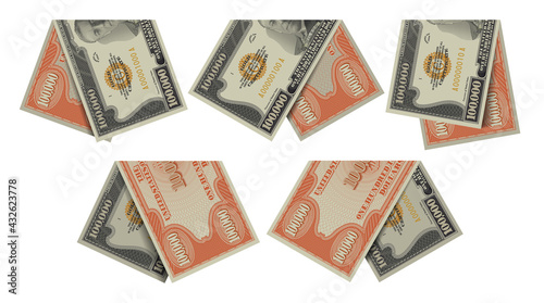 Samples set of rare curved US paper money on isolated white background. Fake banknotes of 100 000 dollars were issued in 1934 photo