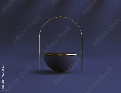 Empty blue half sphere podium with gold border on blue background. Abstract minimal studio 3d geometric shape object. Pedestal mockup space for luxury display. 3d rendering. (ID: 432623792)