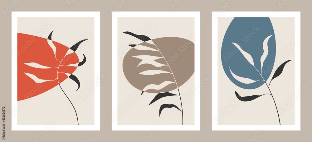 Set of abstract art nature backgrounds. Modern shape line art,  foliage, botanical, tropical leaves floral design for cover, wallpaper,  home decoration, wall art.