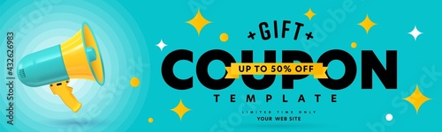 Gift coupon template with up to 50 percent off limited time. Voucher layout with special sale offer for customer. Realistic megaphone loudspeaker and promotion text design vector illustration