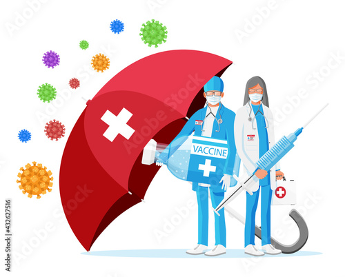 Vaccination against coronavirus. Time to vaccinate, concept. Medical syringe injection vaccination. Umbrella protect against corona virus cells, medical staff, health care. Flat vector illustration