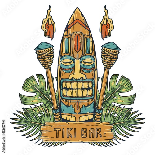 Surfing tiki mask hawaii wooden tiki mask for trendy bar. Traditional ethnic idol and hawaiian surf, maori or polynesian. Design old tribal totem
