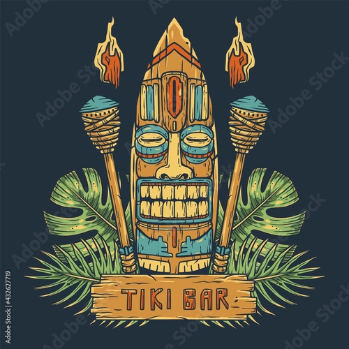 Surfing tiki mask hawaii wooden tiki mask for trendy bar. Traditional ethnic idol and hawaiian surf, maori or polynesian. Design old tribal totem