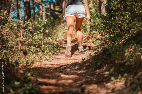 A young woman walks through the forest. Legs close-up. Rear view. Outdoor activities