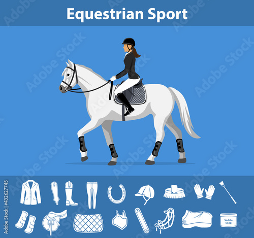 Woman Riding Horse in show outfit. Equestrian Sport English  Equipment Icons Set. Gear and Tack accessories.  Jacket, breeches, gloves, boots, chaps, whip, horseshoes, grooming brush, saddle, pad