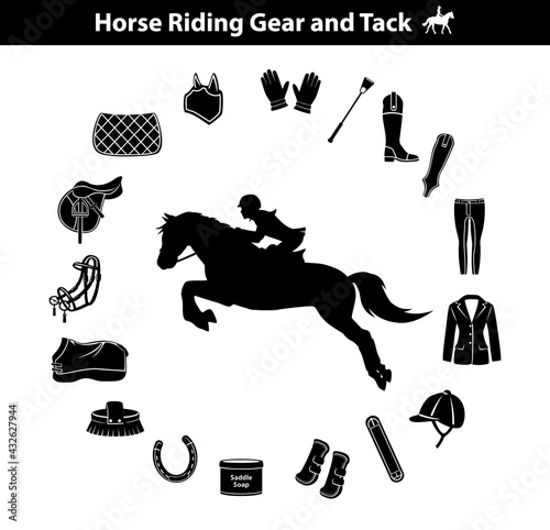 Woman Riding Horse Silhouette. Equestrian Sport Equipment Icons Set. Gear and Tack accessories.  Jacket, English saddle, breeches, gloves, boots, chaps, whip, horseshoes, grooming brush, pad, blanket