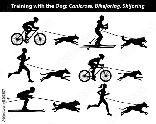 Training Exercising with dog: canicross, bikejoring, skijoring silhouettes set photo