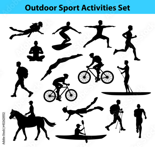 Outdoor Training Sport Activities. Male Silhouette.  Man Swimming  Trekking  Running  Cycling  Doing Yoga  Hiking  Diving  Kayaking  Stand up paddle boarding  Surfing  Scuba diving  Snorkeling