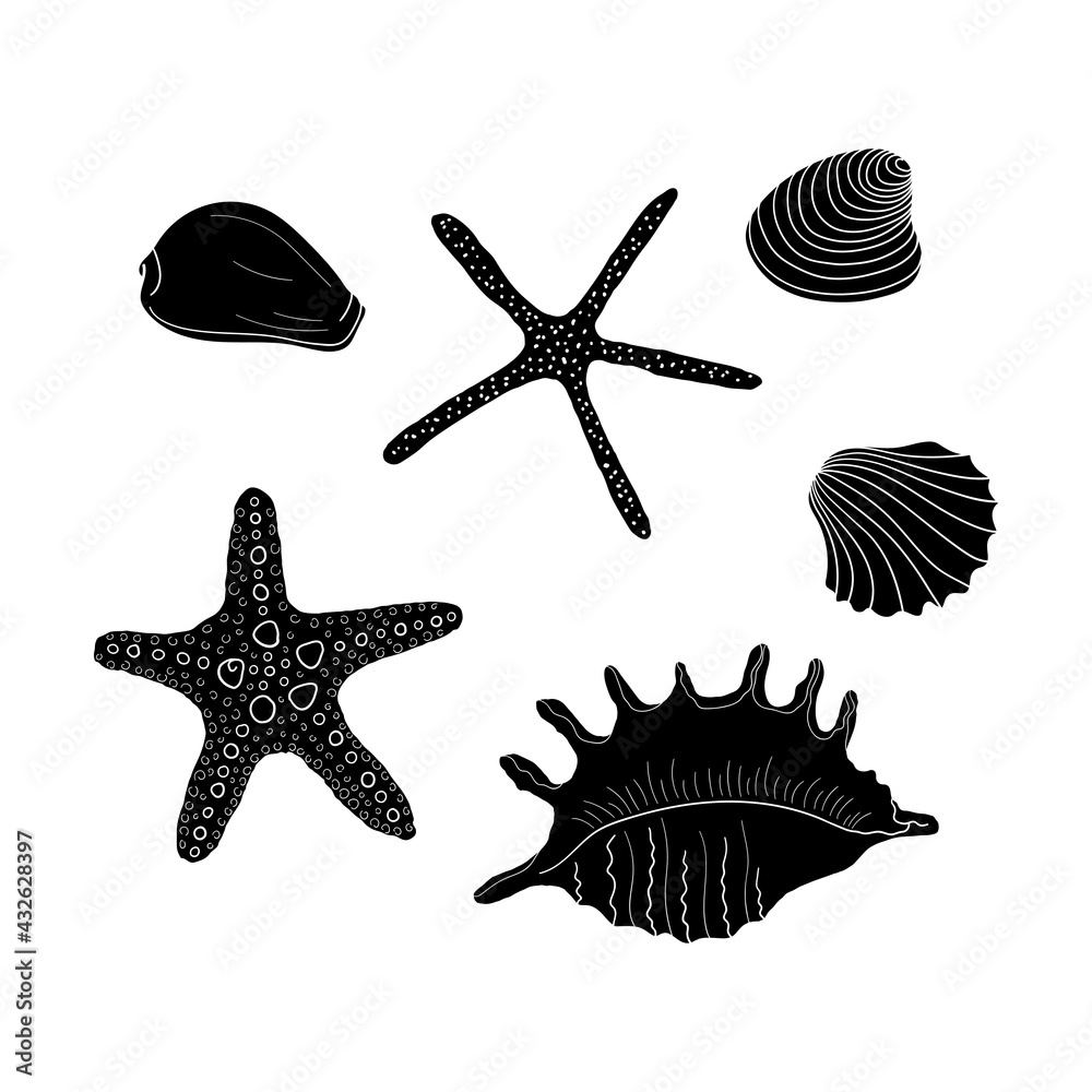 Collection of silhouette seashells different forms. Hand-drawn vector illustrations. Marine set. Design element for invitations, greeting cards, posters, banners, flyers and more.