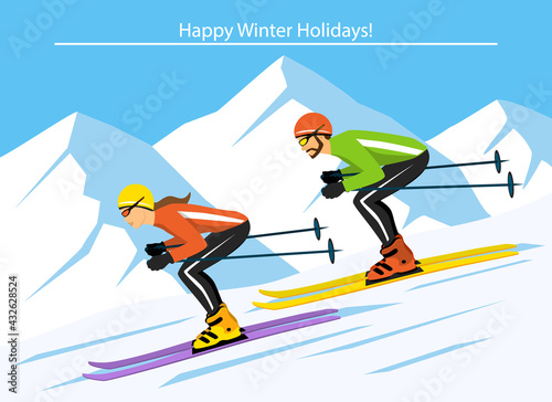 Man and Woman Couple skiing downhill in rocky mountains.
