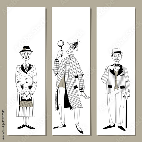Set of 3 bookmarks with Great English detectives. Template.