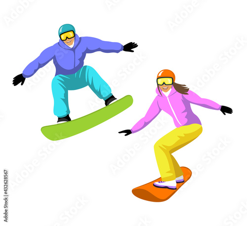 Young Man and Woman Snowboarding. Isolated. Winter Fun Sport Activities Vector Illustration
