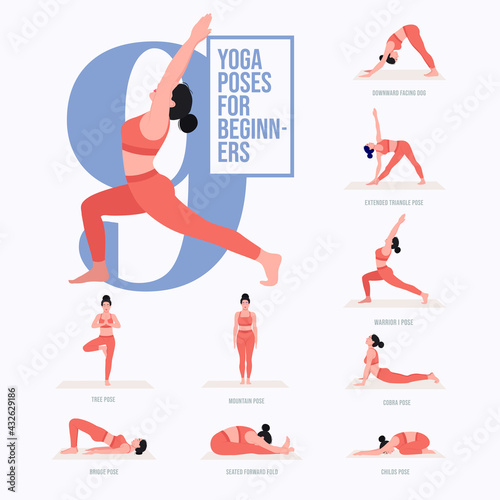 Beginner yoga poses. Young woman practicing Yoga pose. Woman workout fitness, aerobic and exercises. Vector Illustration. 