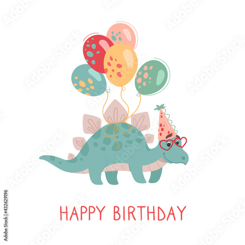 Funny green stegosaurus on a greeting card. Festive dinosaur with balloons wearing heart glasses. Baby vector postcards for printing, white background.