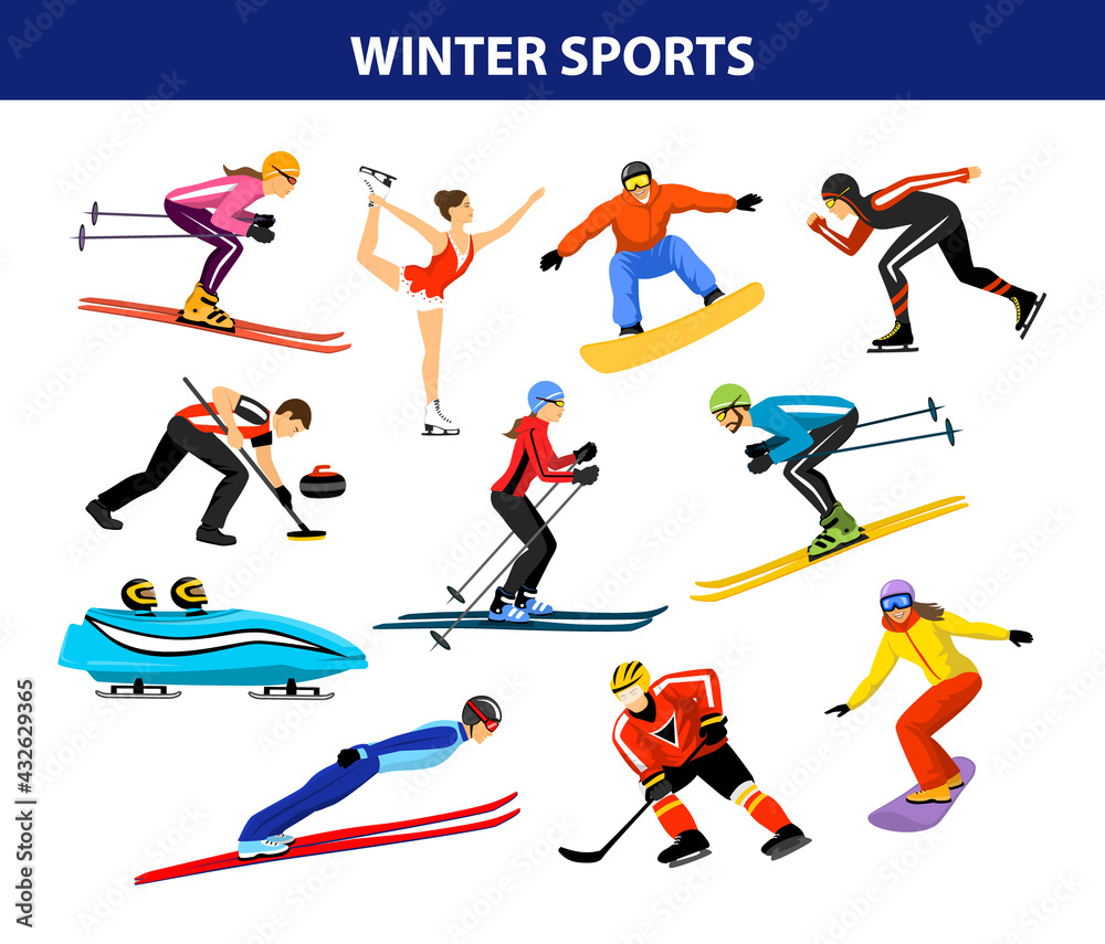 Winter Ice Snow Sports Set includin cross country, freestyle skiiing, sowboarding, speed skating, sliding, bobsled, ski jumping, curling and figure skating. Male and female sportsman