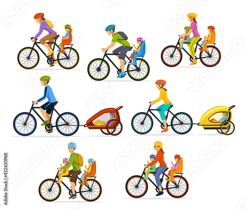 Family parents, man woman with their children, boy and girl, riding bikes. Safe kids seats and trolleys to travel cycling together vector illustration