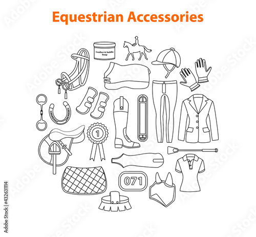 Equestrian equipment, accessories set in line art style. Horseback riding gear and tack