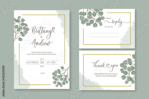 Wedding vector floral invite invitation thank you, reply watercolor design set: eucalyptus green leaves elegant greenery. © ku4erashka