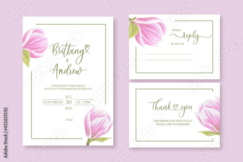 Wedding vector floral invite invitation thank you, reply watercolor design set: magnolia pink flowers elegant.