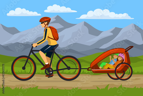 Man and his children traveling cycling together. Father tows bike trolley with happy kids