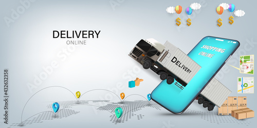 Logistics Online delivery service, online order tracking,Delivery home and office. City logistics. Warehouse, truck, forklift, courier. vector illustration.