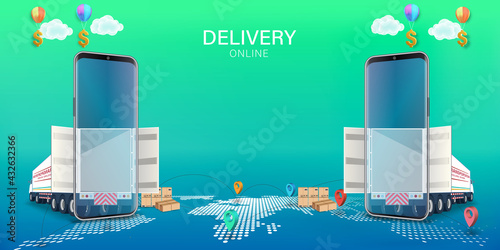 Logistics Online delivery service, online order tracking,Delivery home and office. City logistics. Warehouse, truck, forklift, courier. vector illustration.
