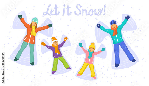 happy people, family , man, woman, boy and girl lying on snow, enjoying winter holidays. Let it snow hand written text