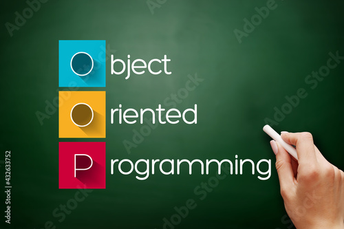 OOP - Object Oriented Programming acronym, technology concept background on blackboard