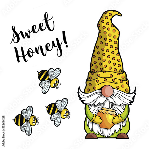 Gnome with a jar of honey in his hands and a bee, quote Sweet honey, spring summer dwarf Gnome honey Gnomish love. Hand-drawn digital drawings isolated on white background, for printing greeting cards photo