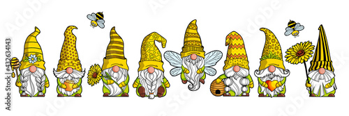 Set of gnomes bee in a yellow hat with a spoon, beehive and bees spring-summer dwarf Gnome honey Gnomish love. Hand-drawn digital drawings isolated on white background, for printing greeting cards photo