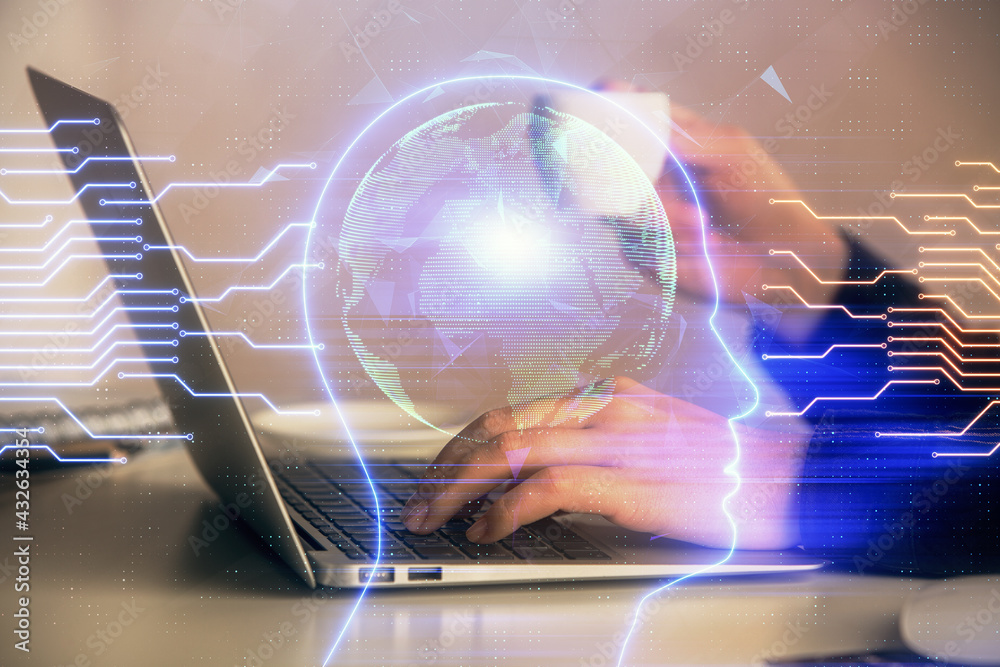 Multi exposure of woman hands working on computer and human brain hologram drawing. Ai tech concept. Multi exposure of woman hands working on computer and human brain hologram drawing. Ai tech concept.