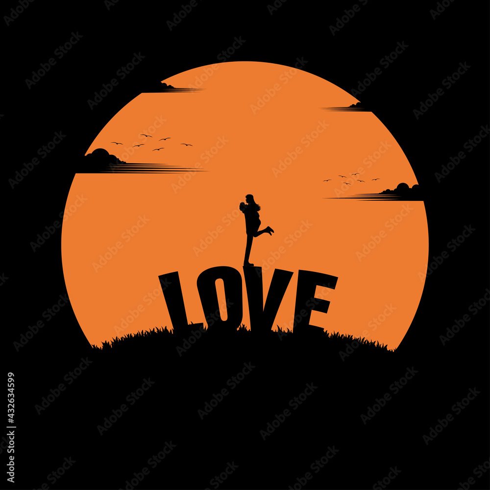 Couple happy of love stands on the text with sunset background