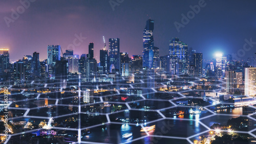 Smart Network and Connection city of Bangkok Thailand at night