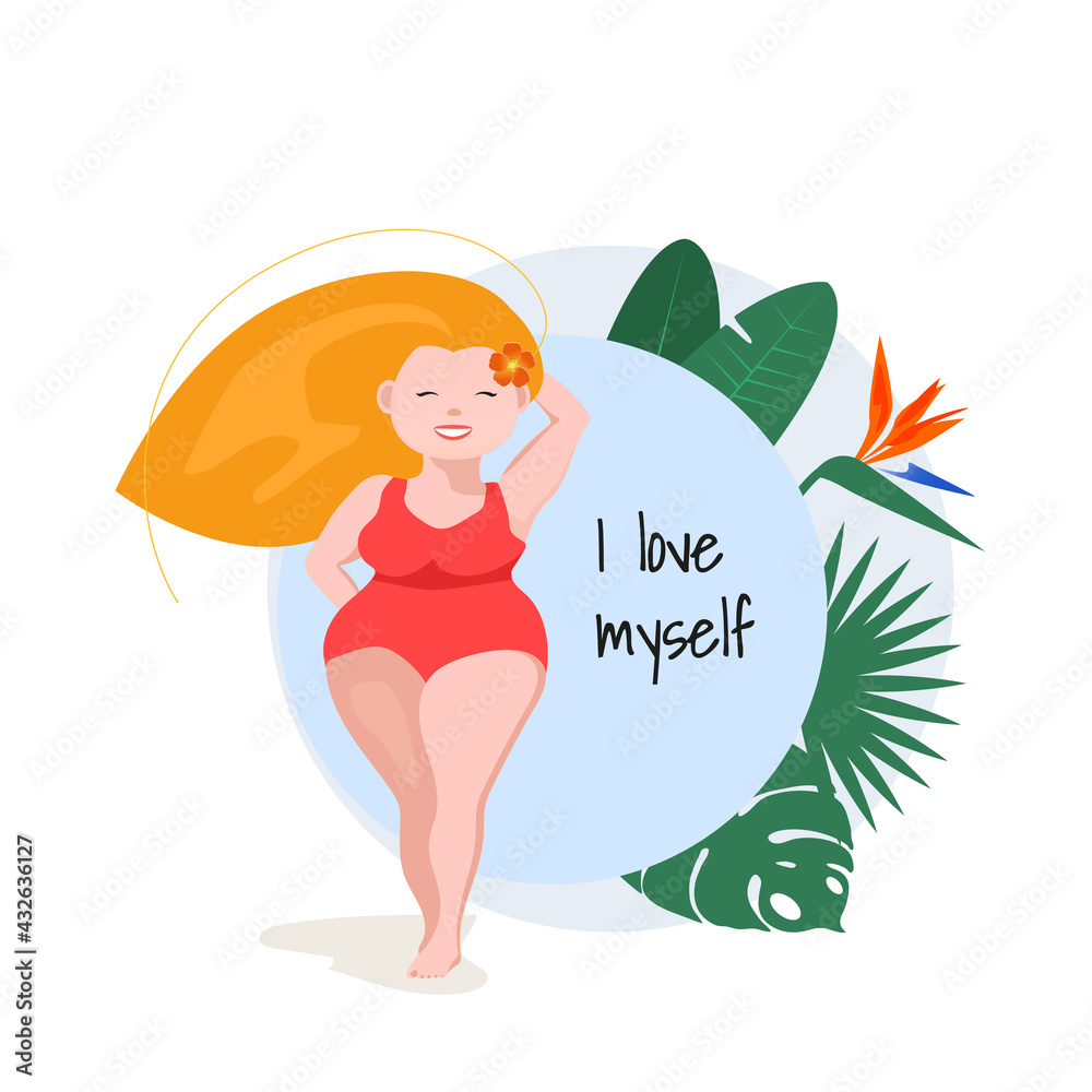 I love myself. Body positivity. Womens day. White plump woman in swimsuit, positive body concept, standing against blue background with tropical leaves and flowers. Hello summer. I love myself. Body positivity. Womens day. White plump woman in swimsuit, positive body concept, standing against blue background with tropical leaves and flowers. Hello summer.