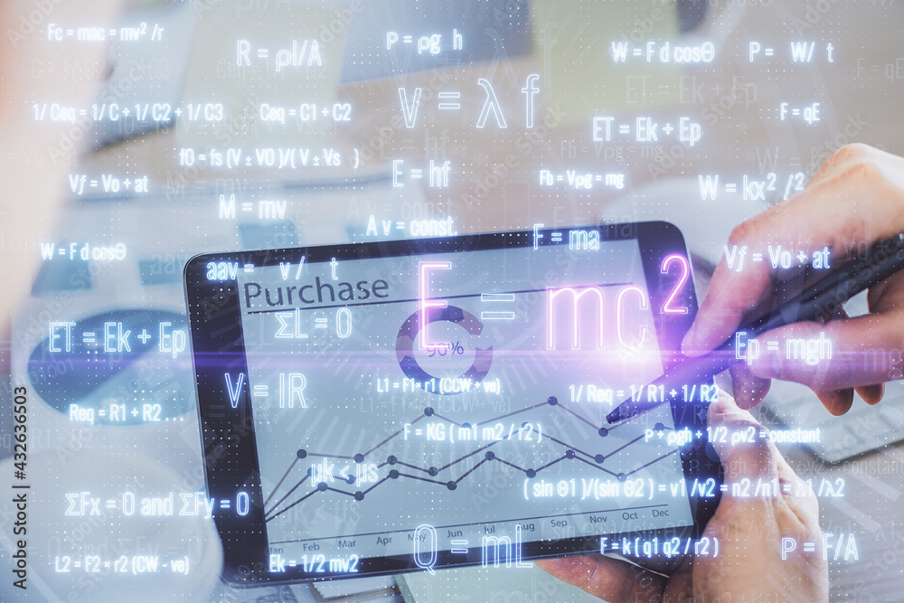 Double exposure of man's hands holding and using a phone and formulas drawing. Education concept. Double exposure of man's hands holding and using a phone and formulas drawing. Education concept.