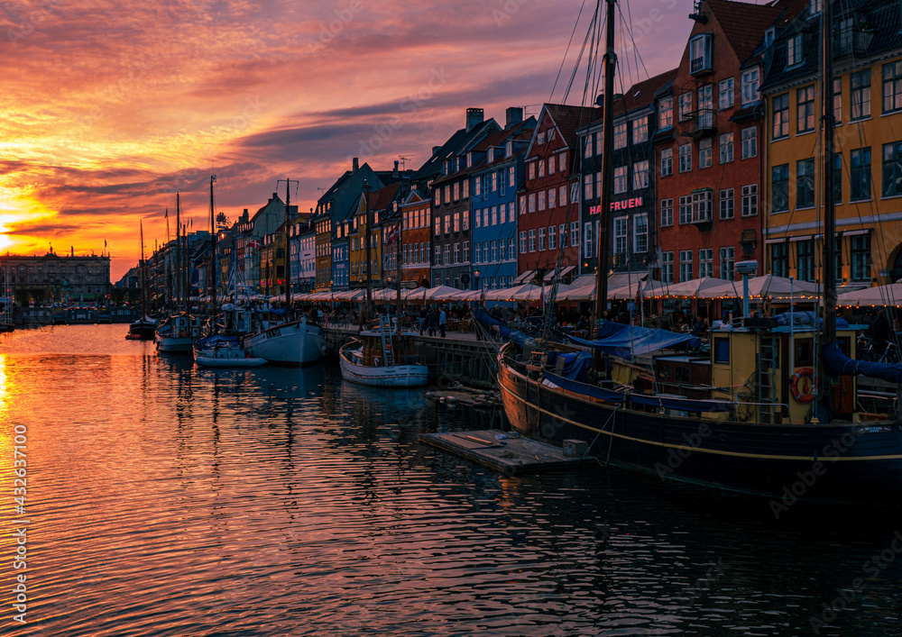Nyhavn Canal at Sunset in Copenhagen, Denmark