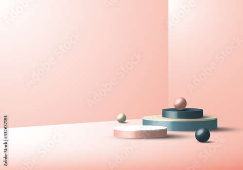 3D studio room showcase display geometric blue cylinder pedestal, round minimal blue scene pink background