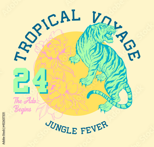 tropical voyage slogan print design with tiger and flowers illustration