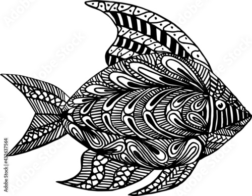 Stylized fish. Patterns instead of scales. Coloring in the style of doodling or zintagl. Drawing with black marker. Vector illustration. photo