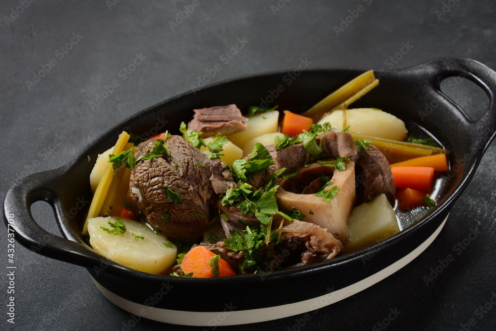 Pot-au-feu, traditional french stew. Stewed beef and potatoes. In France considered a national dish.