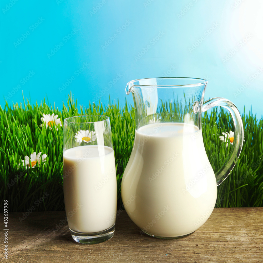 Glass of milk and jar on flower meadow - obrazy, fototapety, plakaty 