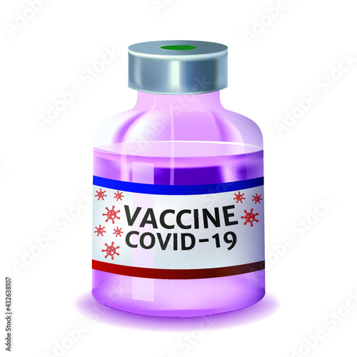 Vaccine covid-19. Glass bottle with purple liquid. Antiviral drug label. Vector illustration.