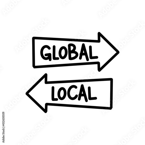 Global vs Local arrows sign. Hand-drawn lettering and illustration. Improvement and change management business concept