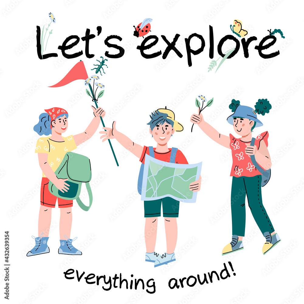 Card or poster for summer camp and kids tourism activities with cute children who are going to travel and explore nature. Cartoon children campers or scouts, vector illustration isolated on white. Card or poster for summer camp and kids tourism activities with cute children who are going to travel and explore nature. Cartoon children campers or scouts, vector illustration isolated on white.