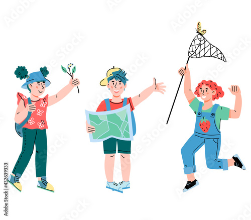 Kids going to travel. Little tourists and explorers children cartoon characters with backpacks, cartoon vector illustration isolated on white background. Scouts or campers children.