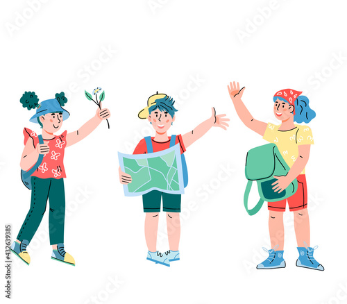 Kids going to travel and explore nature. Little tourists and explorers, scouts or campers children cartoon characters with backpacks, cartoon vector illustration isolated on white background.