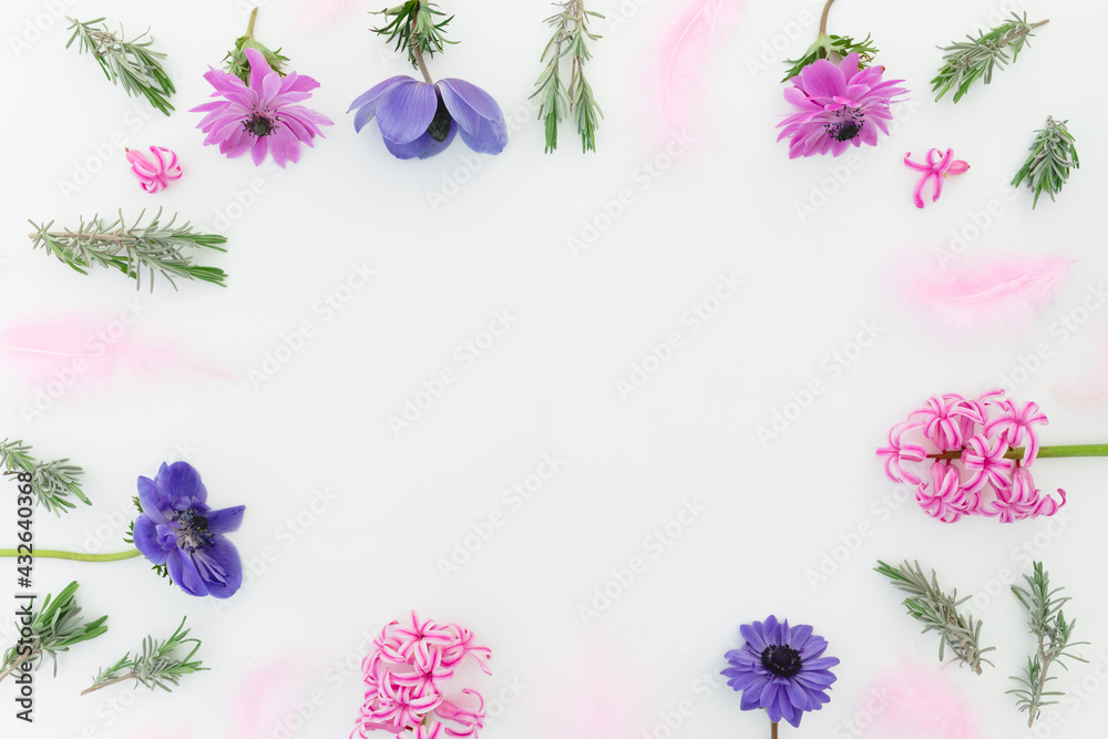 Floral frame with pink and blue flowers and feathers on white. Flat lay Floral frame with pink and blue flowers and feathers on white. Flat lay