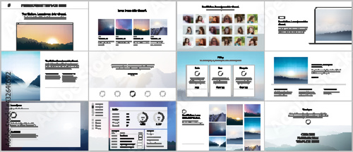 Vector templates for website design, presentations, portfolio, presentation slides, brochure cover, report. Fog, sunrise in morning and sunset in evening. Nature landscape backgrounds with mountains.