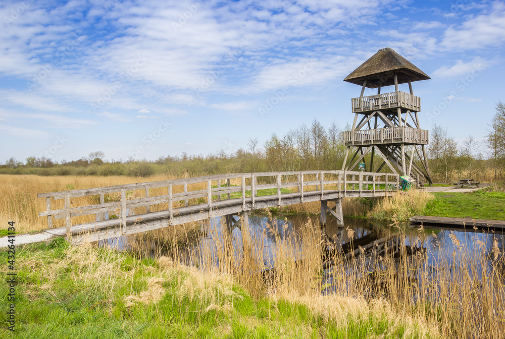 Bridge leading to the lookout tower in the nature area Alde Feanen, Netherlands