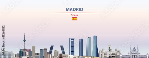 Madrid cityscape on sunset sky background vector illustration with country and city name and with flag of Spain